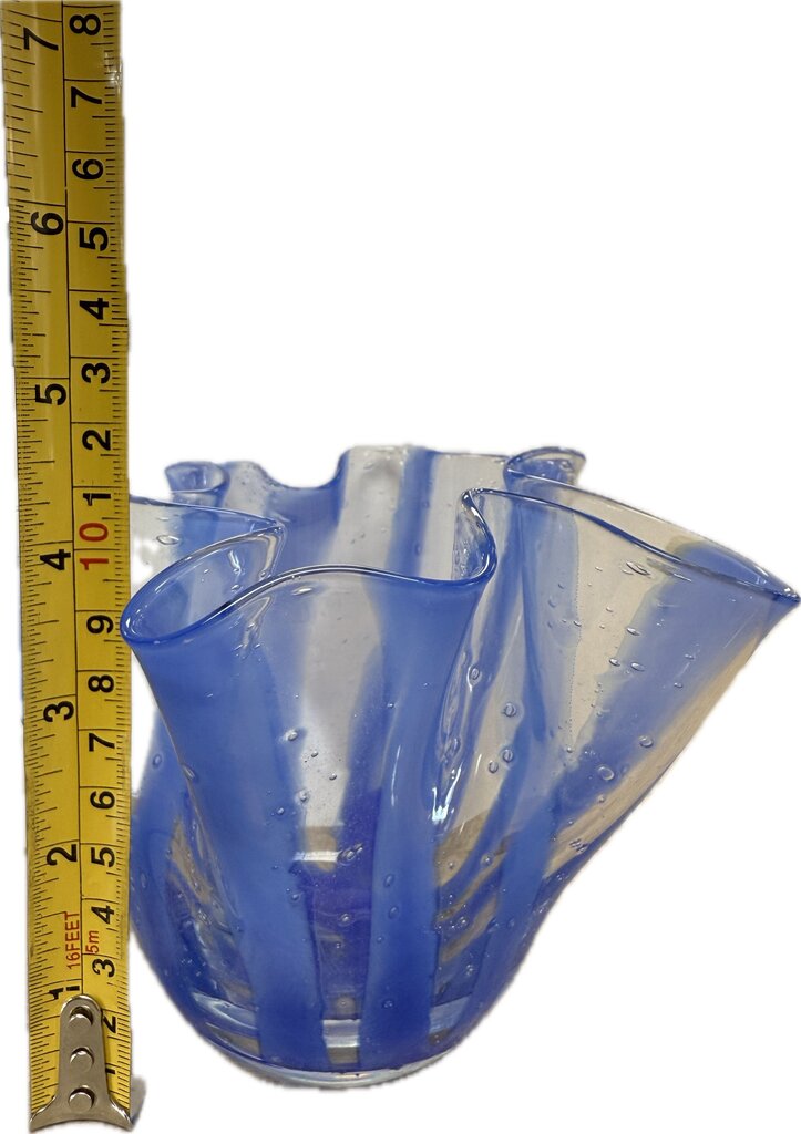 BLUE AND CLEAR GLASS HANDKERCHIEF VASE