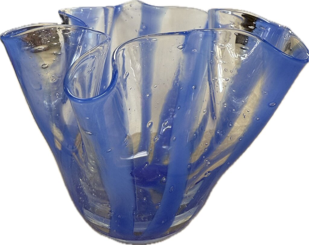 BLUE AND CLEAR GLASS HANDKERCHIEF VASE