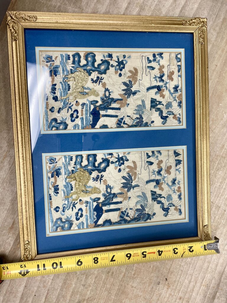 VINTAGE BLUE AND GOLD SILK TAPESTRY
