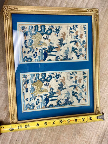 VINTAGE BLUE AND GOLD SILK TAPESTRY