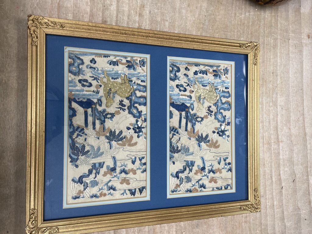 VINTAGE BLUE AND GOLD SILK TAPESTRY