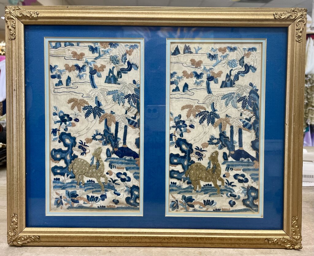 VINTAGE BLUE AND GOLD SILK TAPESTRY