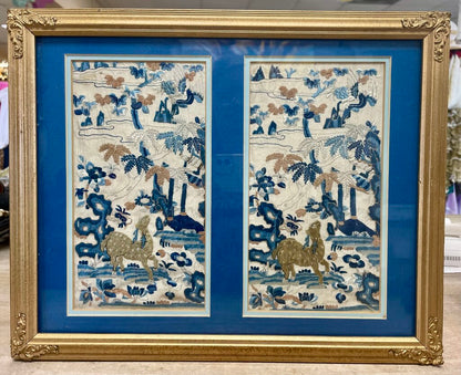 VINTAGE BLUE AND GOLD SILK TAPESTRY