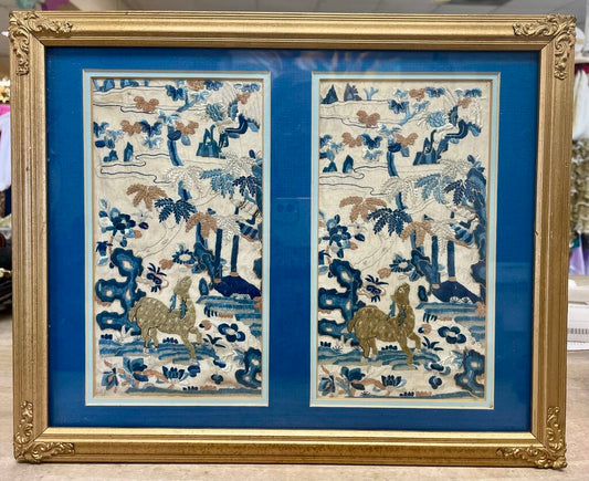 VINTAGE BLUE AND GOLD SILK TAPESTRY