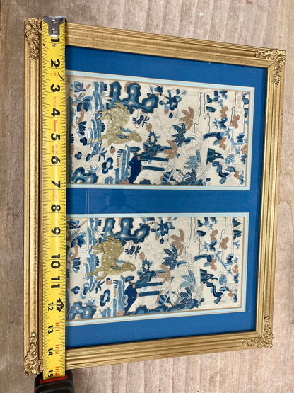 VINTAGE BLUE AND GOLD SILK TAPESTRY