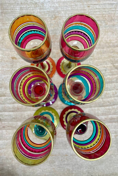 PIER 1 FESTIVE BOHO HANDPAINTED CORDIALS GLASSES WITH TRAY SET OF 6