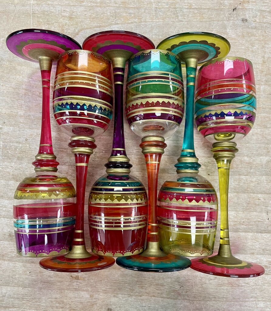PIER 1 FESTIVE BOHO HANDPAINTED CORDIALS GLASSES WITH TRAY SET OF 6