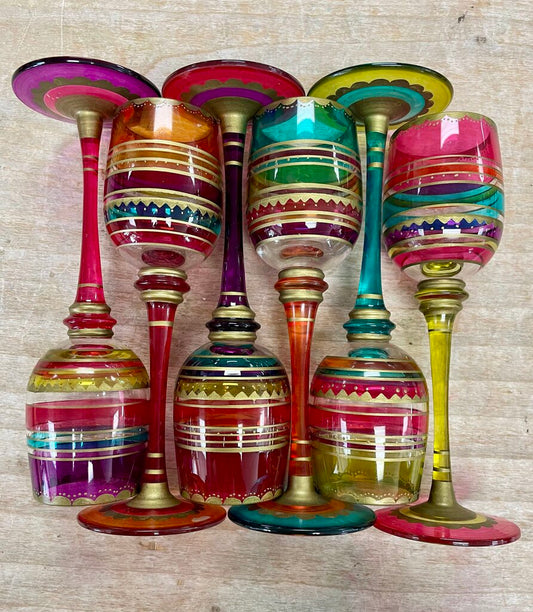 PIER 1 FESTIVE BOHO HANDPAINTED CORDIALS GLASSES WITH TRAY SET OF 6
