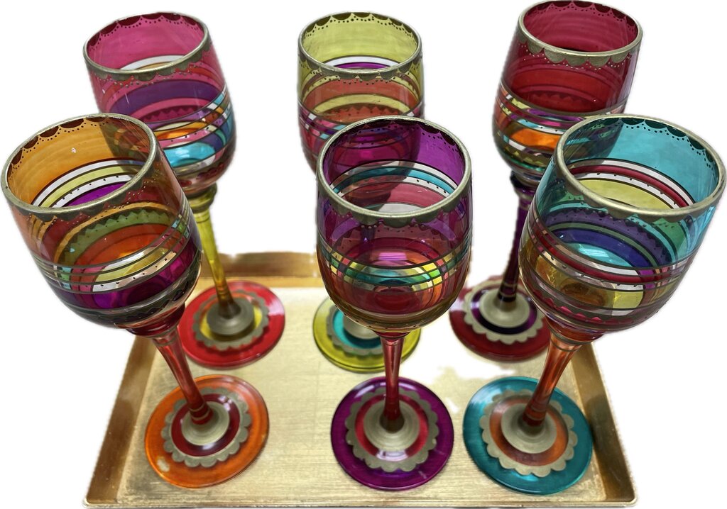 PIER 1 FESTIVE BOHO HANDPAINTED CORDIALS GLASSES WITH TRAY SET OF 6