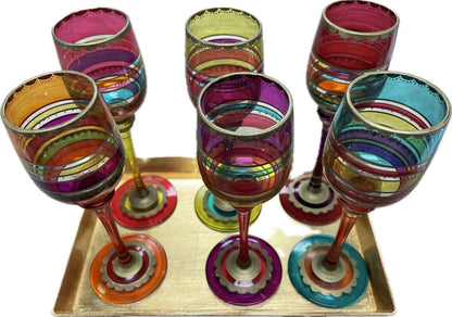 PIER 1 FESTIVE BOHO HANDPAINTED CORDIALS GLASSES WITH TRAY SET OF 6