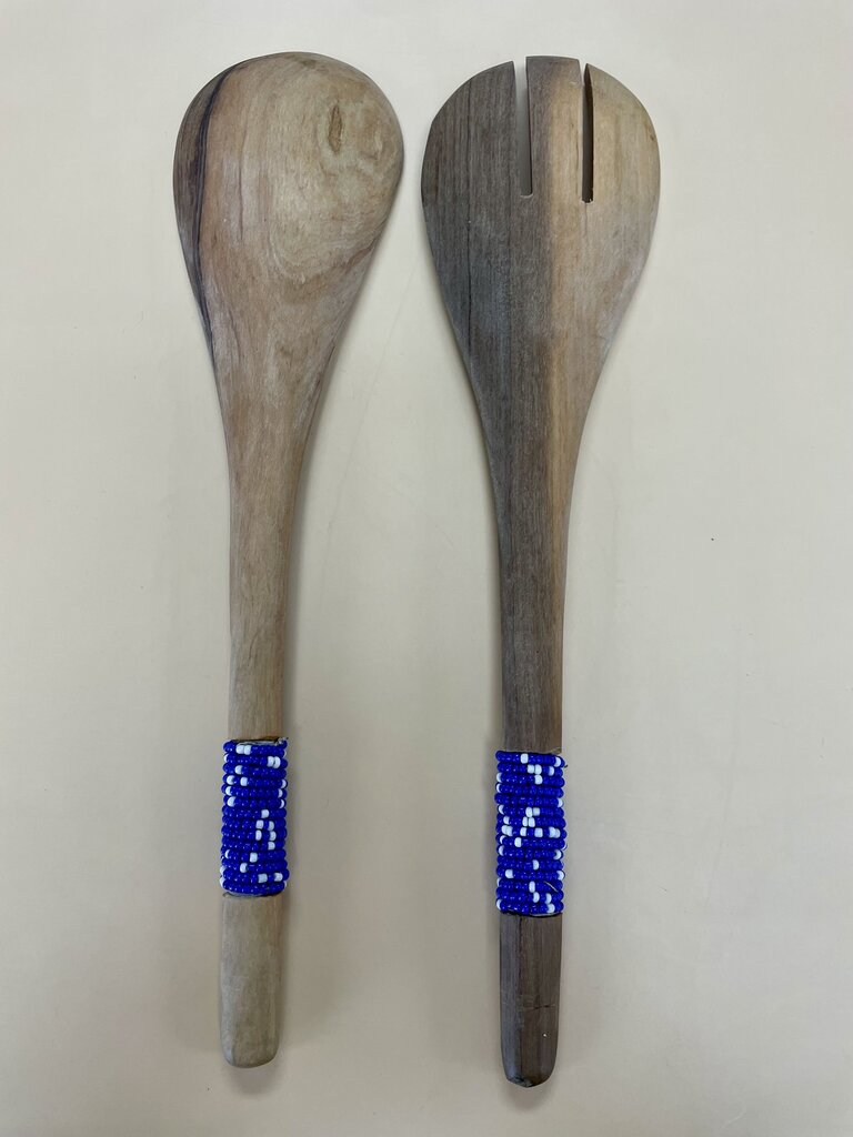 HAND CARVED SOILD OLIVE WOODEN BEADED HANDLED SERVING UTENSILS