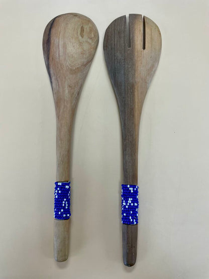 HAND CARVED SOILD OLIVE WOODEN BEADED HANDLED SERVING UTENSILS