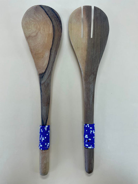 HAND CARVED SOILD OLIVE WOODEN BEADED HANDLED SERVING UTENSILS