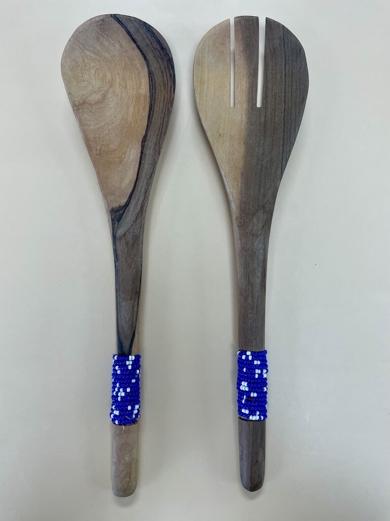 HAND CARVED SOILD OLIVE WOODEN BEADED HANDLED SERVING UTENSILS