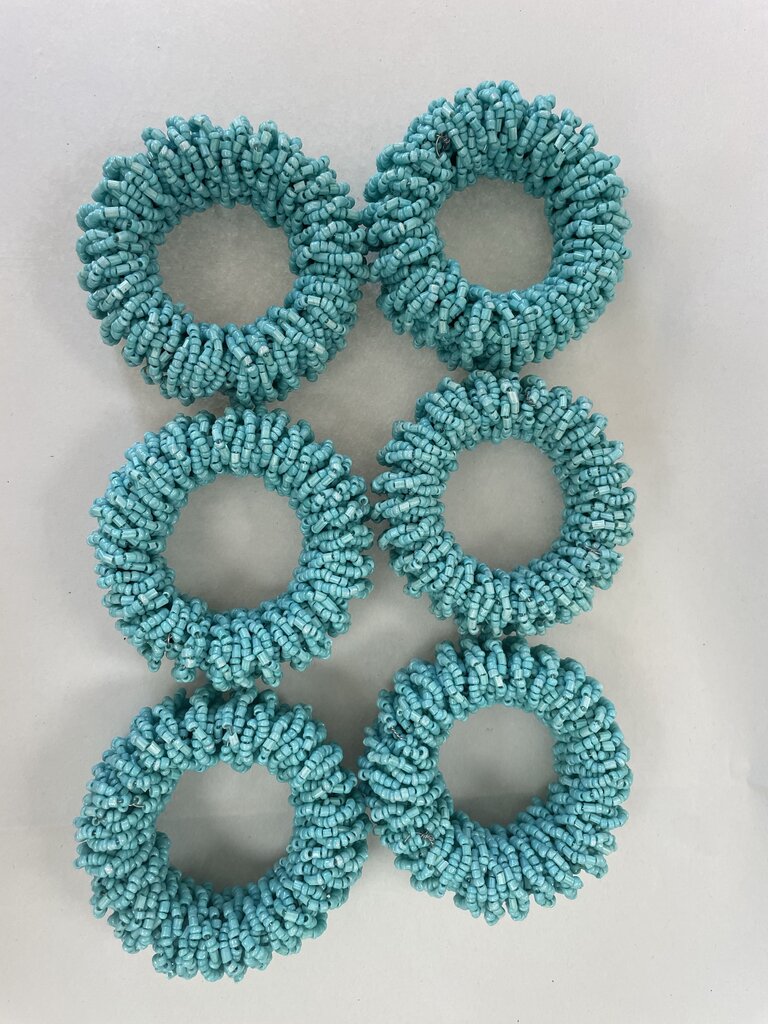 AQUA BEADED NAPKIN RINGS SET OF 6