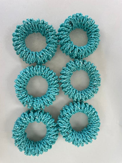 AQUA BEADED NAPKIN RINGS SET OF 6