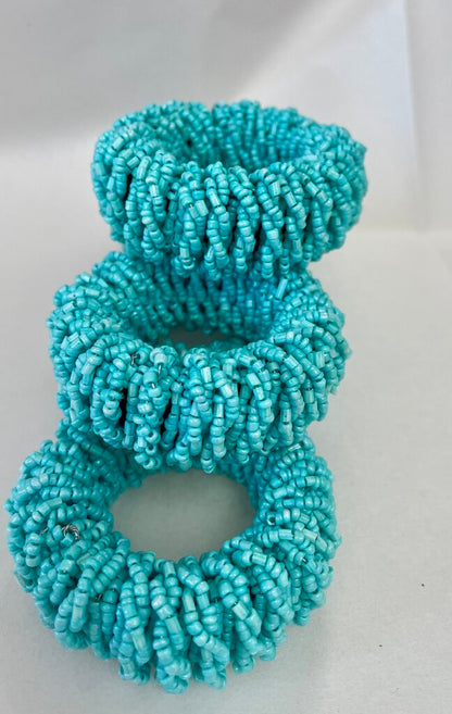 AQUA BEADED NAPKIN RINGS SET OF 6