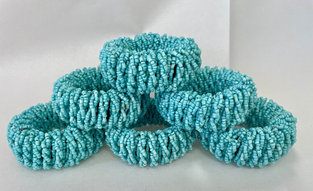 AQUA BEADED NAPKIN RINGS SET OF 6