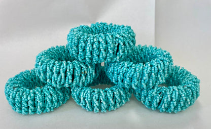 AQUA BEADED NAPKIN RINGS SET OF 6