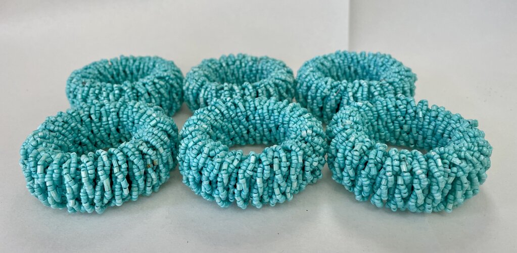 AQUA BEADED NAPKIN RINGS SET OF 6