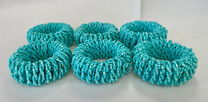 AQUA BEADED NAPKIN RINGS SET OF 6