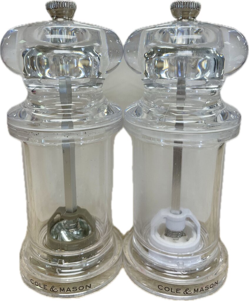 COLE & MASON LUCITE CLEAR SALT AND PEPPER GRINDERS