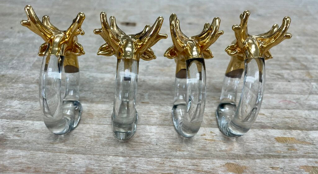 4 GLASS AND GOLD DEER NAPKIN RINGS