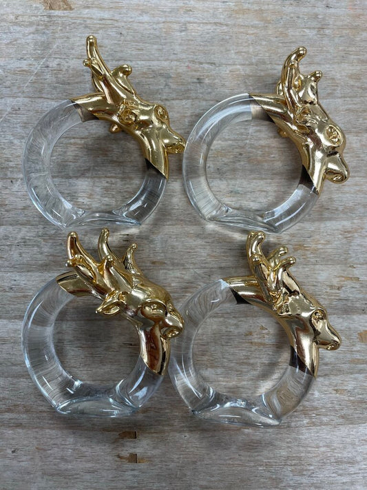 4 GLASS AND GOLD DEER NAPKIN RINGS