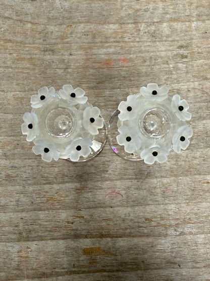 SWAROVSKI CANDLE HOLDER FROSTED FLOWER SET OF 2 4"