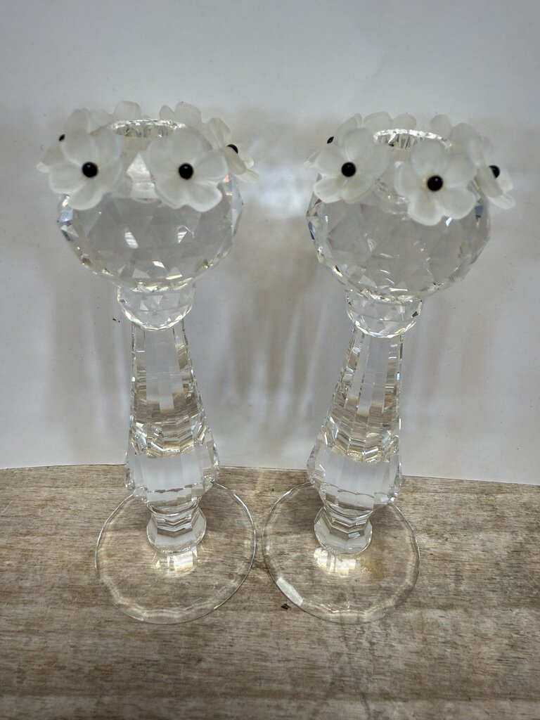SWAROVSKI CANDLE HOLDER FROSTED FLOWER SET OF 2 4"
