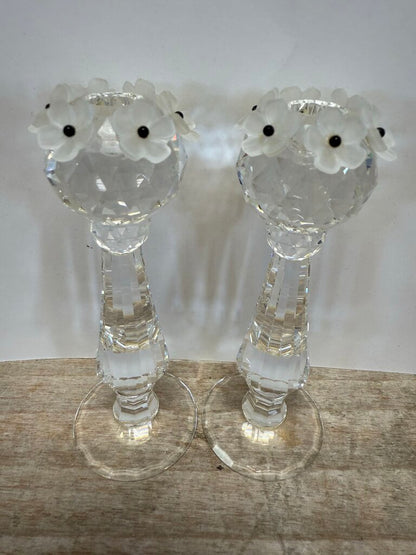 SWAROVSKI CANDLE HOLDER FROSTED FLOWER SET OF 2 4"