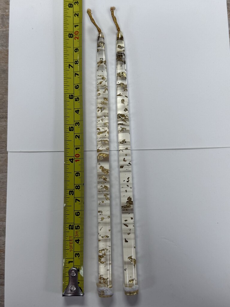 VINTAGE MCA LUCITE CLEAR GOLD LEAF FLAKES SET OF 2 CANDLE STICKS