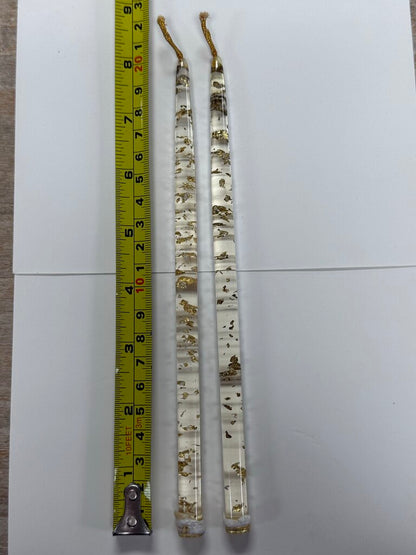 VINTAGE MCA LUCITE CLEAR GOLD LEAF FLAKES SET OF 2 CANDLE STICKS