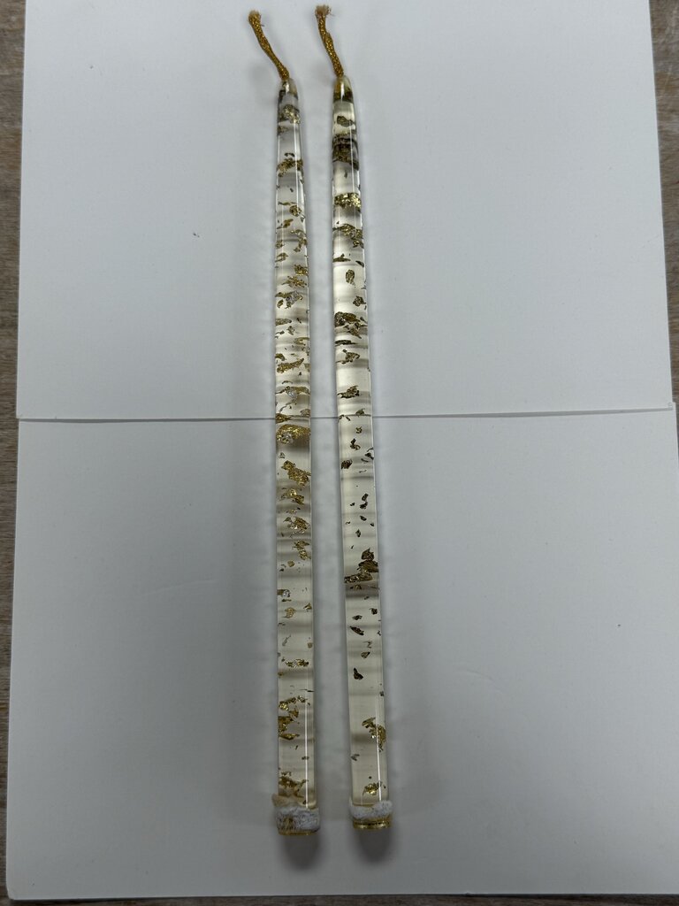 VINTAGE MCA LUCITE CLEAR GOLD LEAF FLAKES SET OF 2 CANDLE STICKS