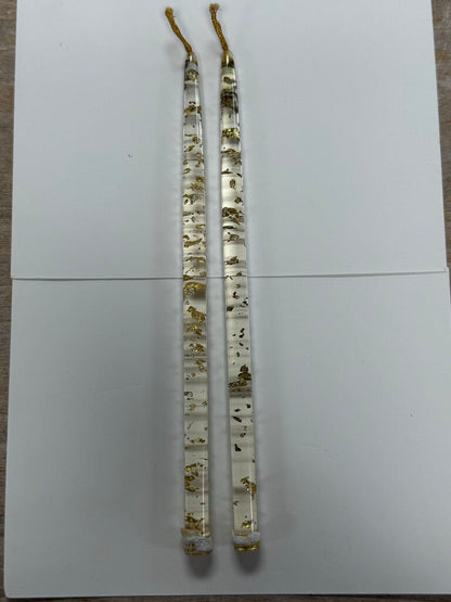VINTAGE MCA LUCITE CLEAR GOLD LEAF FLAKES SET OF 2 CANDLE STICKS