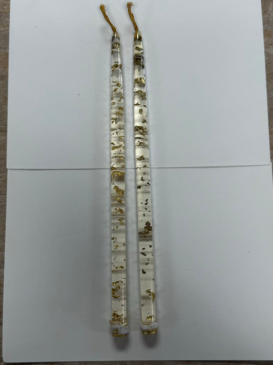 VINTAGE MCA LUCITE CLEAR GOLD LEAF FLAKES SET OF 2 CANDLE STICKS