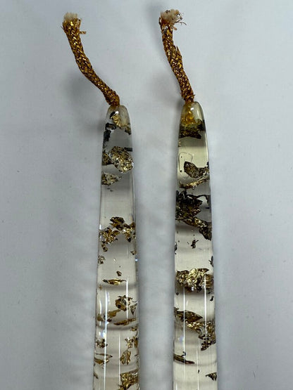 VINTAGE MCA LUCITE CLEAR GOLD LEAF FLAKES SET OF 2 CANDLE STICKS