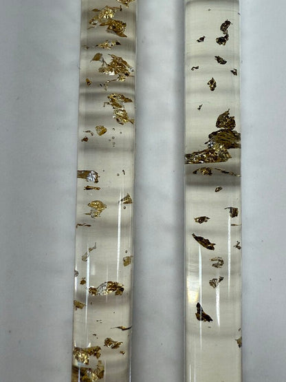 VINTAGE MCA LUCITE CLEAR GOLD LEAF FLAKES SET OF 2 CANDLE STICKS