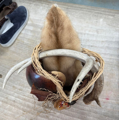 RUSTIC HANDMADE GOURD VESSEL WITH ANTLER AND FUR