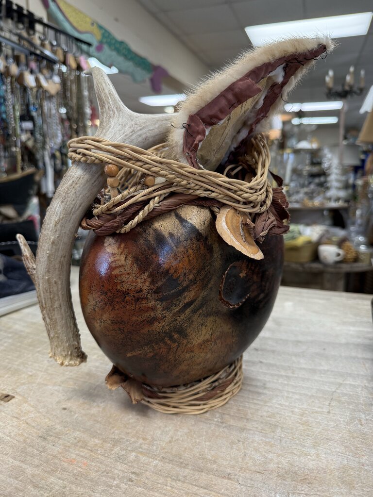 RUSTIC HANDMADE GOURD VESSEL WITH ANTLER AND FUR