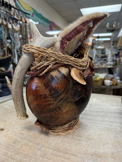 RUSTIC HANDMADE GOURD VESSEL WITH ANTLER AND FUR