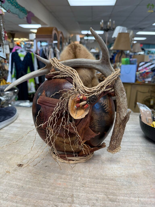 RUSTIC HANDMADE GOURD VESSEL WITH ANTLER AND FUR