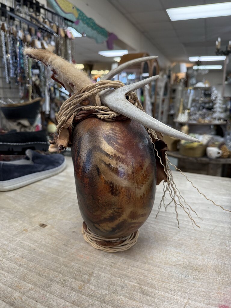 RUSTIC HANDMADE GOURD VESSEL WITH ANTLER AND FUR