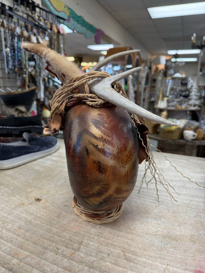 RUSTIC HANDMADE GOURD VESSEL WITH ANTLER AND FUR