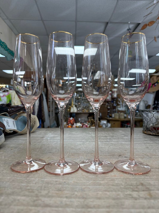 VINTAGE ROSE COLORED CHAMPAGNE FLUTES WITH GOLD TRIM SET OF 4