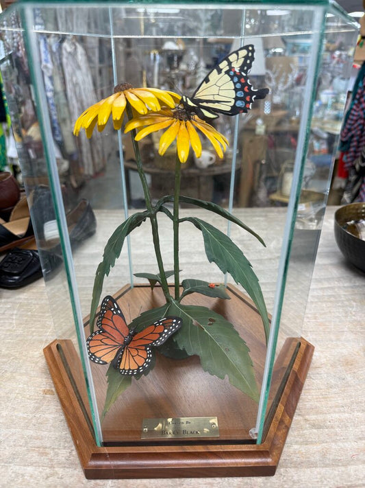 WOODEN FLOWER AND BUTTERFLY CARVED BY BARRY BLACK