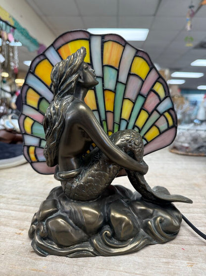 RARE STAINED GLASS BRASS MERMAID LAMP
