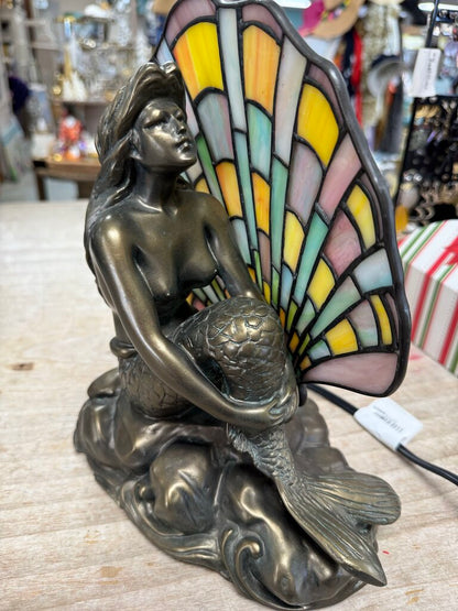 RARE STAINED GLASS BRASS MERMAID LAMP