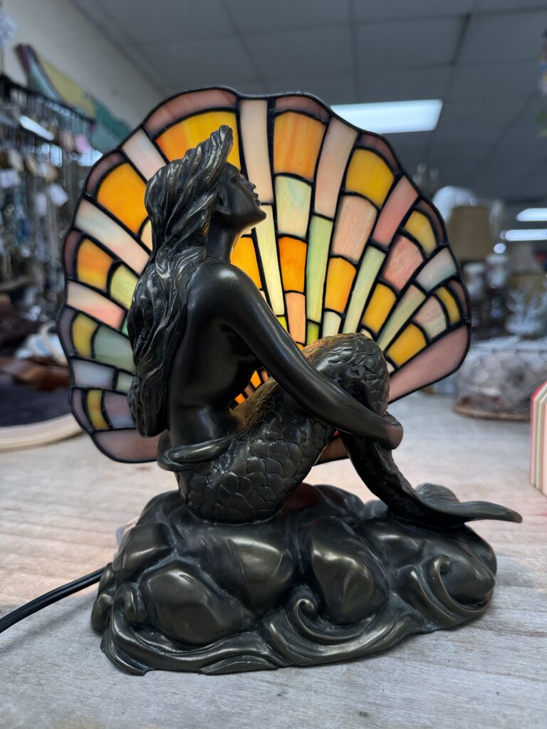 RARE STAINED GLASS BRASS MERMAID LAMP
