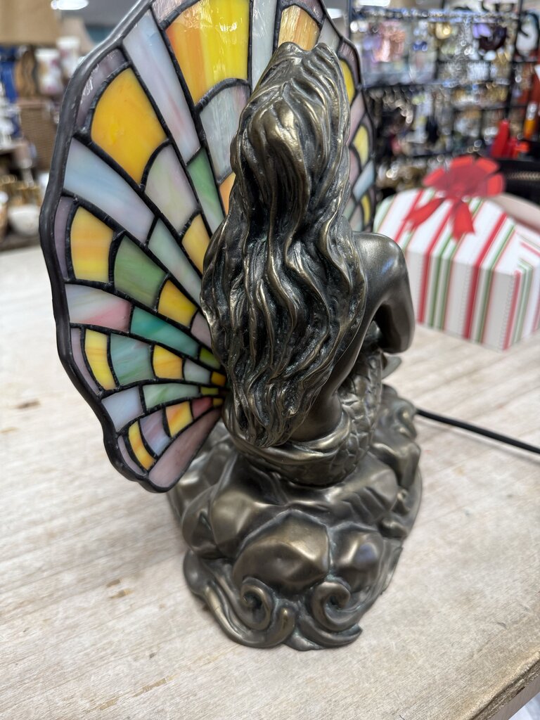 RARE STAINED GLASS BRASS MERMAID LAMP